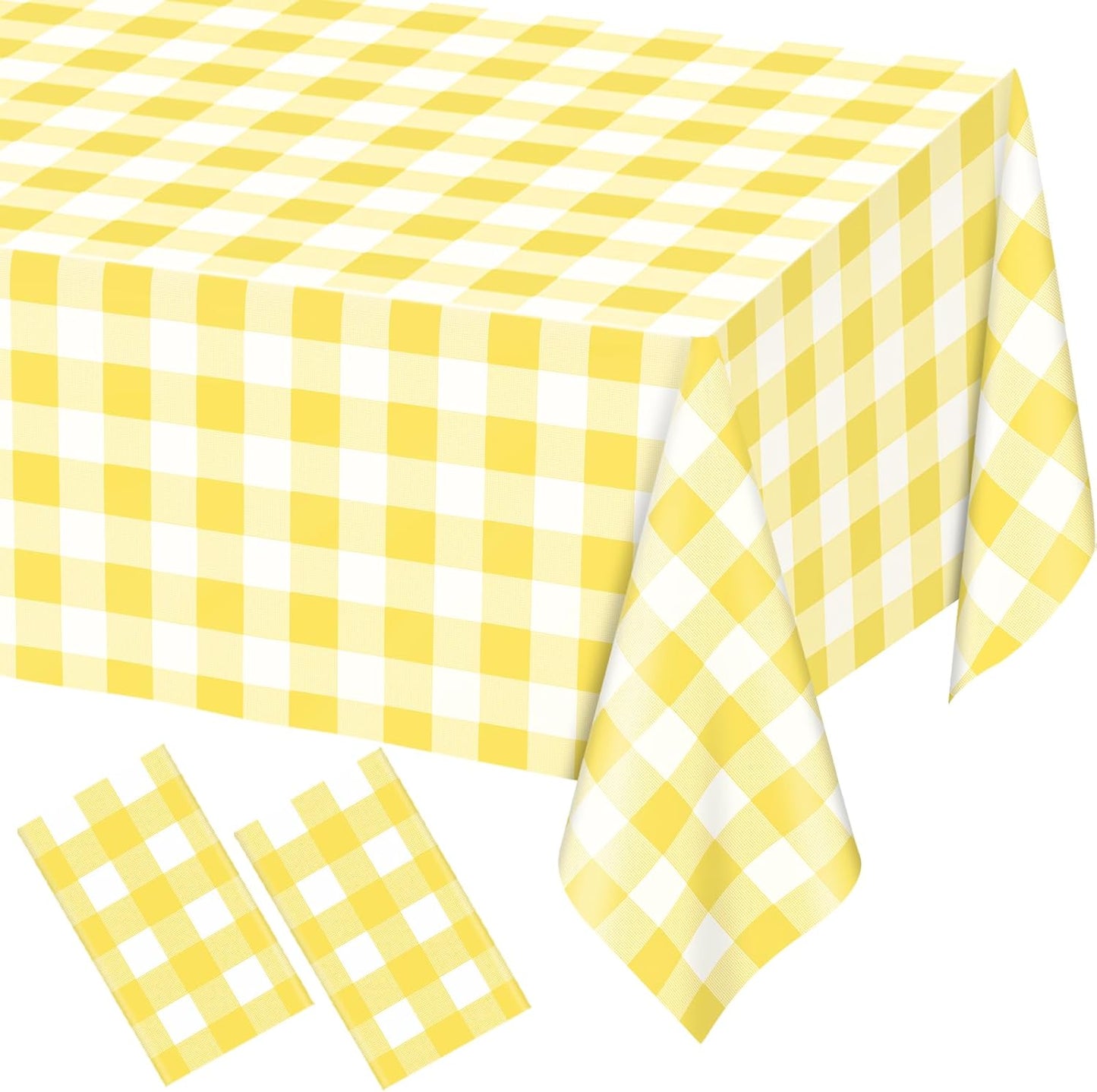 2 Pack Light Yellow Gingham Rectangular Plastic Tablecloths, Yellow and White Checkered Disposable Table Covers 54" x 108" for Birthday, Wedding, Bridal Shower, Outdoor Picnic Camping Parties