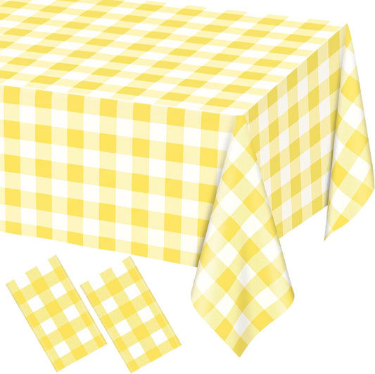 2 Pack Light Yellow Gingham Rectangular Plastic Tablecloths, Yellow and White Checkered Disposable Table Covers 54" x 108" for Birthday, Wedding, Bridal Shower, Outdoor Picnic Camping Parties