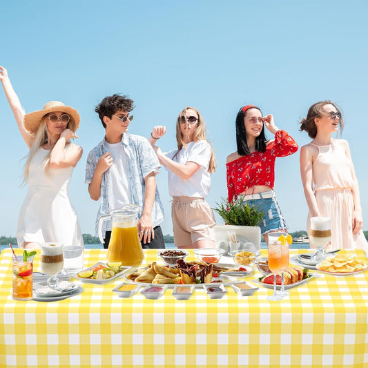 2 Pack Light Yellow Gingham Rectangular Plastic Tablecloths, Yellow and White Checkered Disposable Table Covers 54" x 108" for Birthday, Wedding, Bridal Shower, Outdoor Picnic Camping Parties