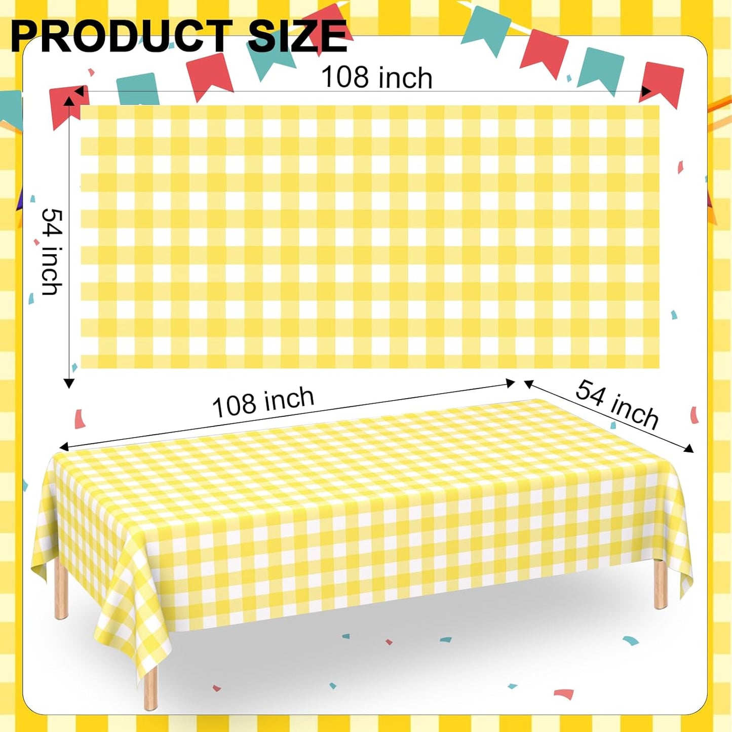 2 Pack Light Yellow Gingham Rectangular Plastic Tablecloths, Yellow and White Checkered Disposable Table Covers 54" x 108" for Birthday, Wedding, Bridal Shower, Outdoor Picnic Camping Parties