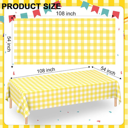 2 Pack Light Yellow Gingham Rectangular Plastic Tablecloths, Yellow and White Checkered Disposable Table Covers 54" x 108" for Birthday, Wedding, Bridal Shower, Outdoor Picnic Camping Parties