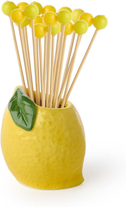 Lemon with 20 Yellow Bead Cocktail Picks in Gift Box, 2.75-inch Height