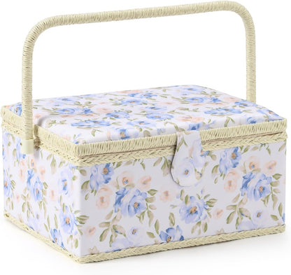 Sewing Basket with Sewing Supplies, Large Sewing Box for Accessories Storage, Yellow Blue Flower Pattern