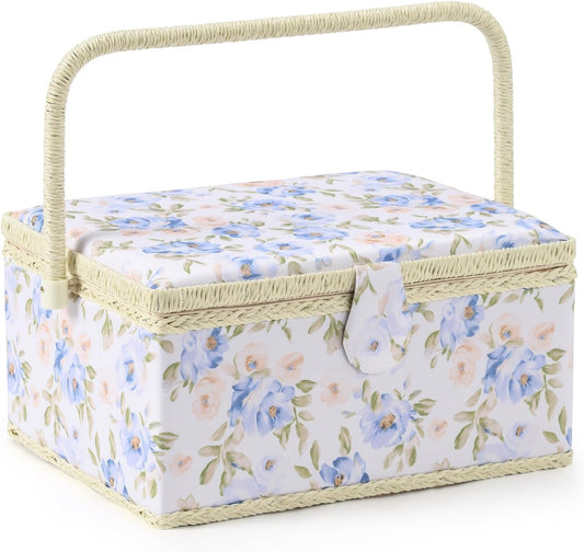 Sewing Basket with Sewing Supplies, Large Sewing Box for Accessories Storage, Yellow Blue Flower Pattern