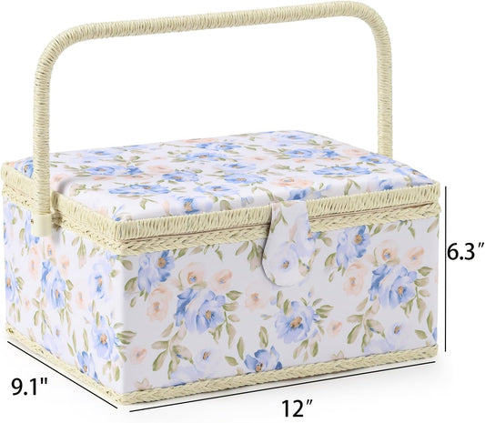 Sewing Basket with Sewing Supplies, Large Sewing Box for Accessories Storage, Yellow Blue Flower Pattern