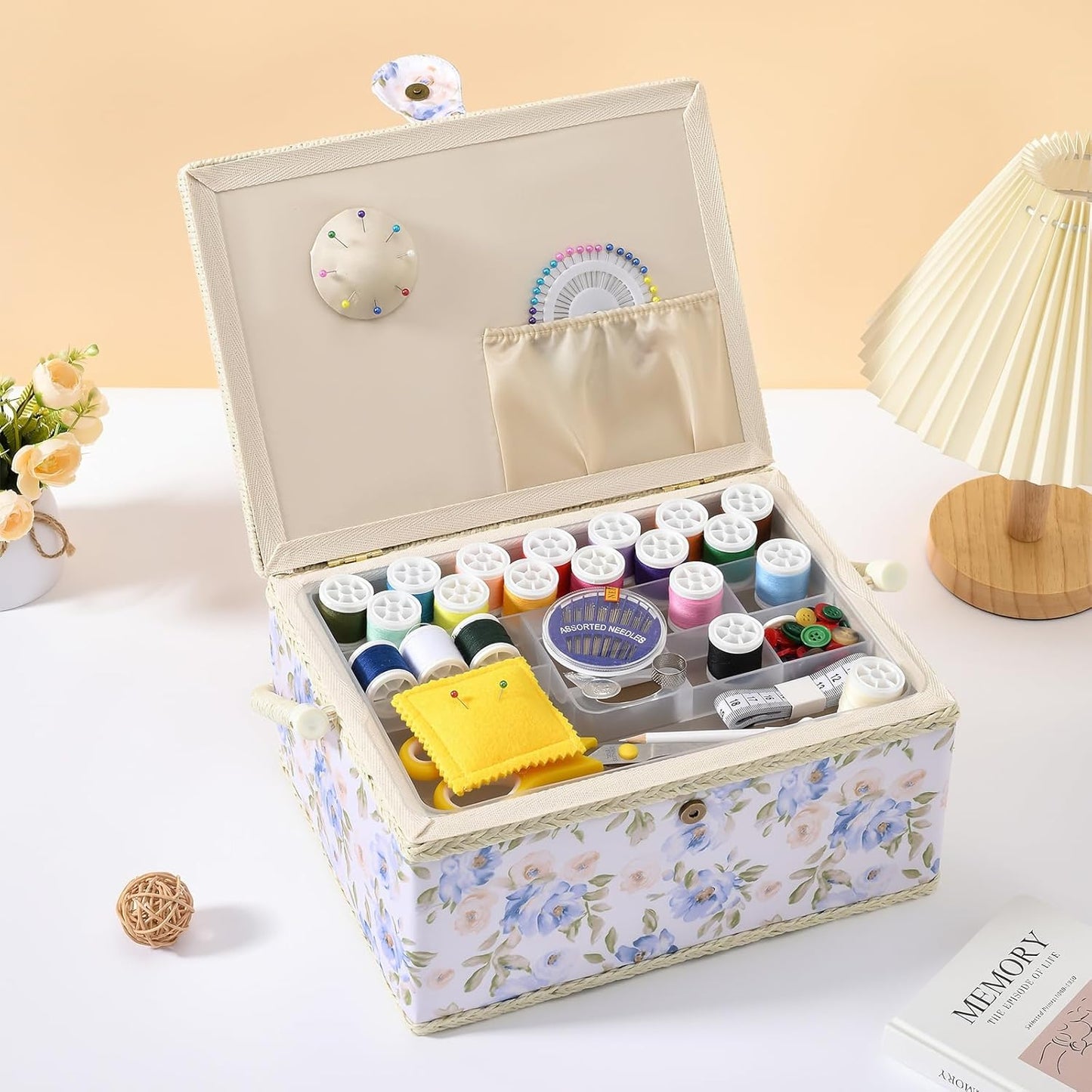 Sewing Basket with Sewing Supplies, Large Sewing Box for Accessories Storage, Yellow Blue Flower Pattern