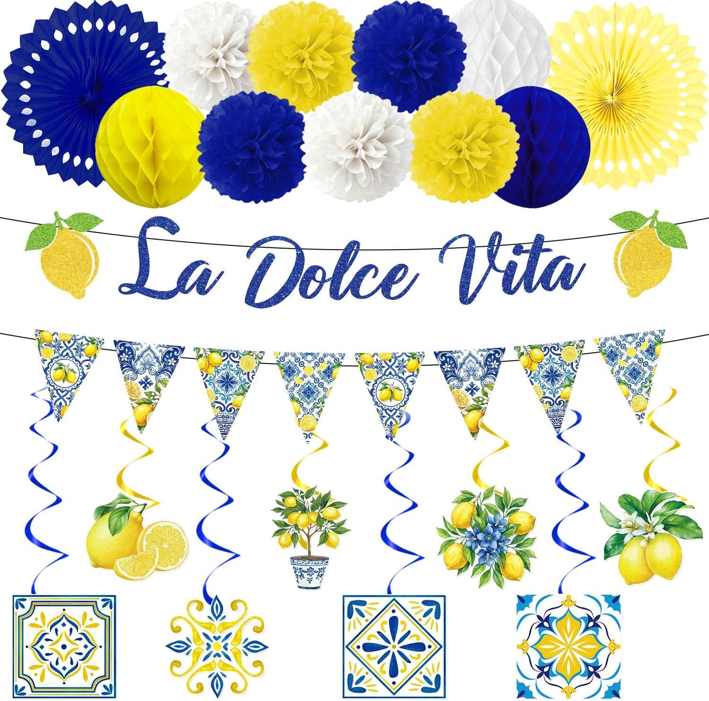 La Dolce Vita Party Decor Italian Lemon Bridal Shower Supplie 21PCS | La Dolce Vita Party 21pcs, Glitter Banners, Paper Fans Honeycomb, Italian Lemon Summer Theme, Bridal Bachelorette Decor