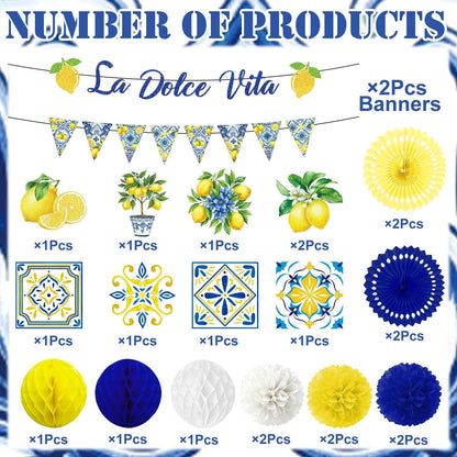 La Dolce Vita Party Decor Italian Lemon Bridal Shower Supplie 21PCS | La Dolce Vita Party 21pcs, Glitter Banners, Paper Fans Honeycomb, Italian Lemon Summer Theme, Bridal Bachelorette Decor