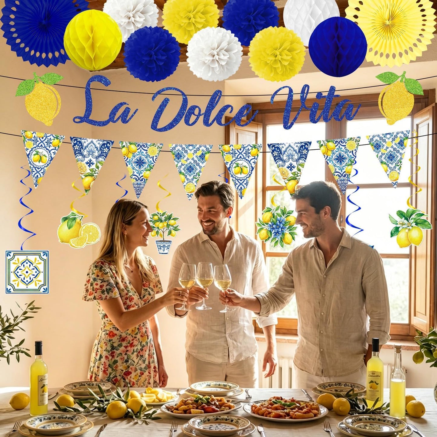 La Dolce Vita Party Decor Italian Lemon Bridal Shower Supplie 21PCS | La Dolce Vita Party 21pcs, Glitter Banners, Paper Fans Honeycomb, Italian Lemon Summer Theme, Bridal Bachelorette Decor