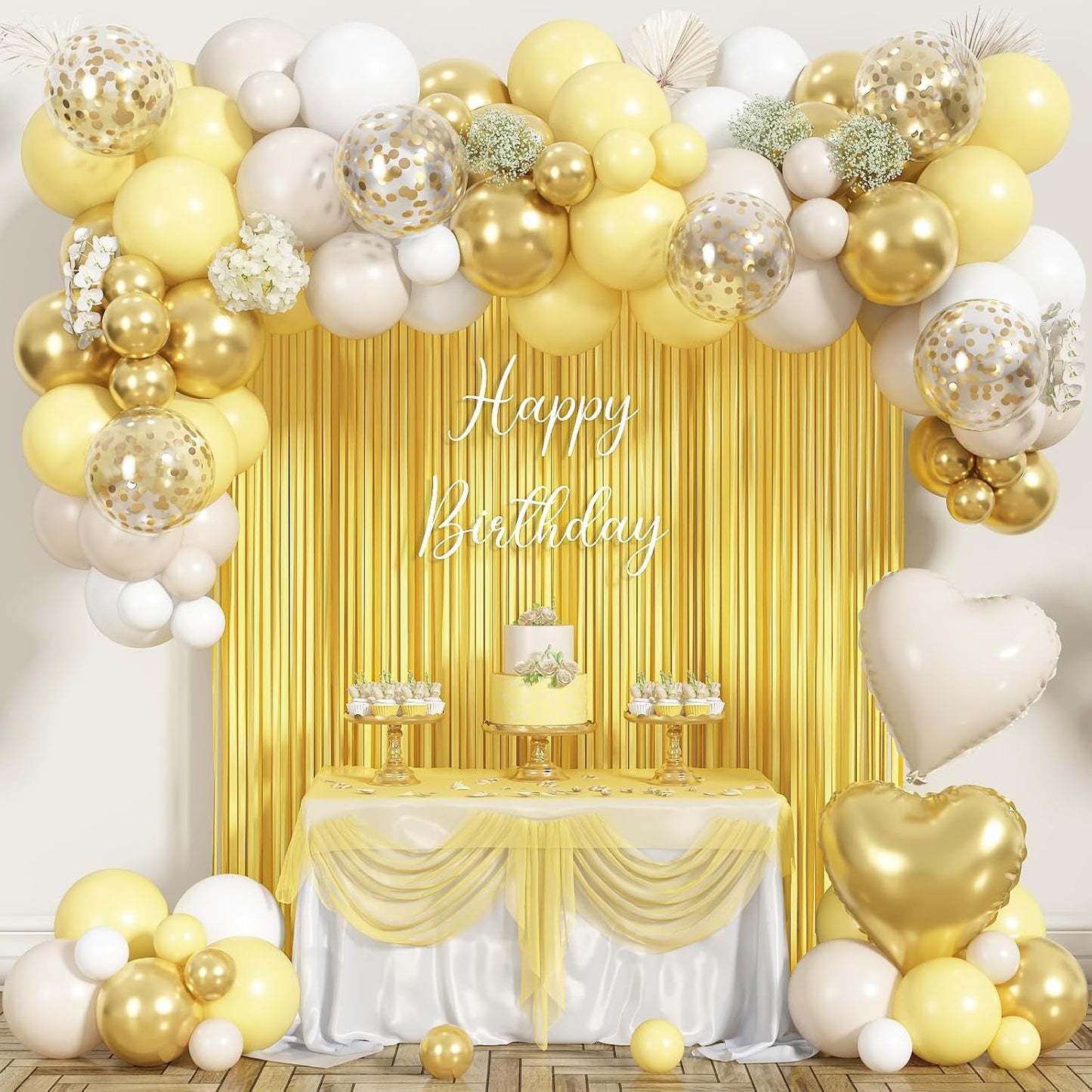 Yellow Balloon Arch Kit, 118 PCS Pastel Yellow White Gold Balloon Garland Kit with Fringe Curtain, Confetti Balloons and Heart Foil Balloons for Baby Shower Birthday Wedding Party Decorations