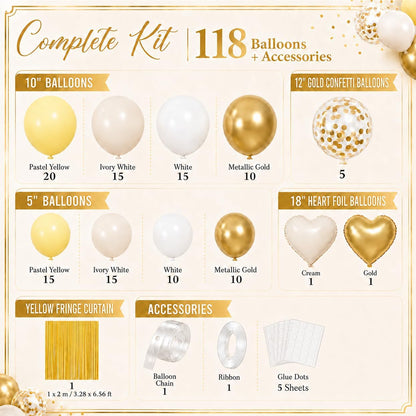 Yellow Balloon Arch Kit, 118 PCS Pastel Yellow White Gold Balloon Garland Kit with Fringe Curtain, Confetti Balloons and Heart Foil Balloons for Baby Shower Birthday Wedding Party Decorations