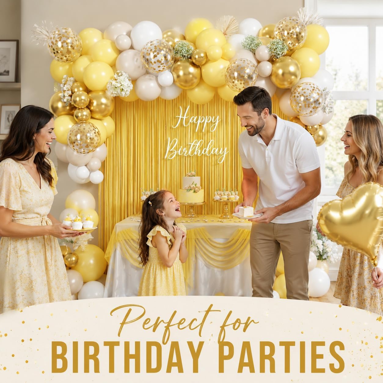 Yellow Balloon Arch Kit, 118 PCS Pastel Yellow White Gold Balloon Garland Kit with Fringe Curtain, Confetti Balloons and Heart Foil Balloons for Baby Shower Birthday Wedding Party Decorations