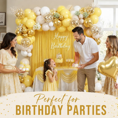 Yellow Balloon Arch Kit, 118 PCS Pastel Yellow White Gold Balloon Garland Kit with Fringe Curtain, Confetti Balloons and Heart Foil Balloons for Baby Shower Birthday Wedding Party Decorations