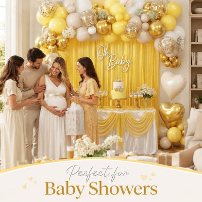 Yellow Balloon Arch Kit, 118 PCS Pastel Yellow White Gold Balloon Garland Kit with Fringe Curtain, Confetti Balloons and Heart Foil Balloons for Baby Shower Birthday Wedding Party Decorations