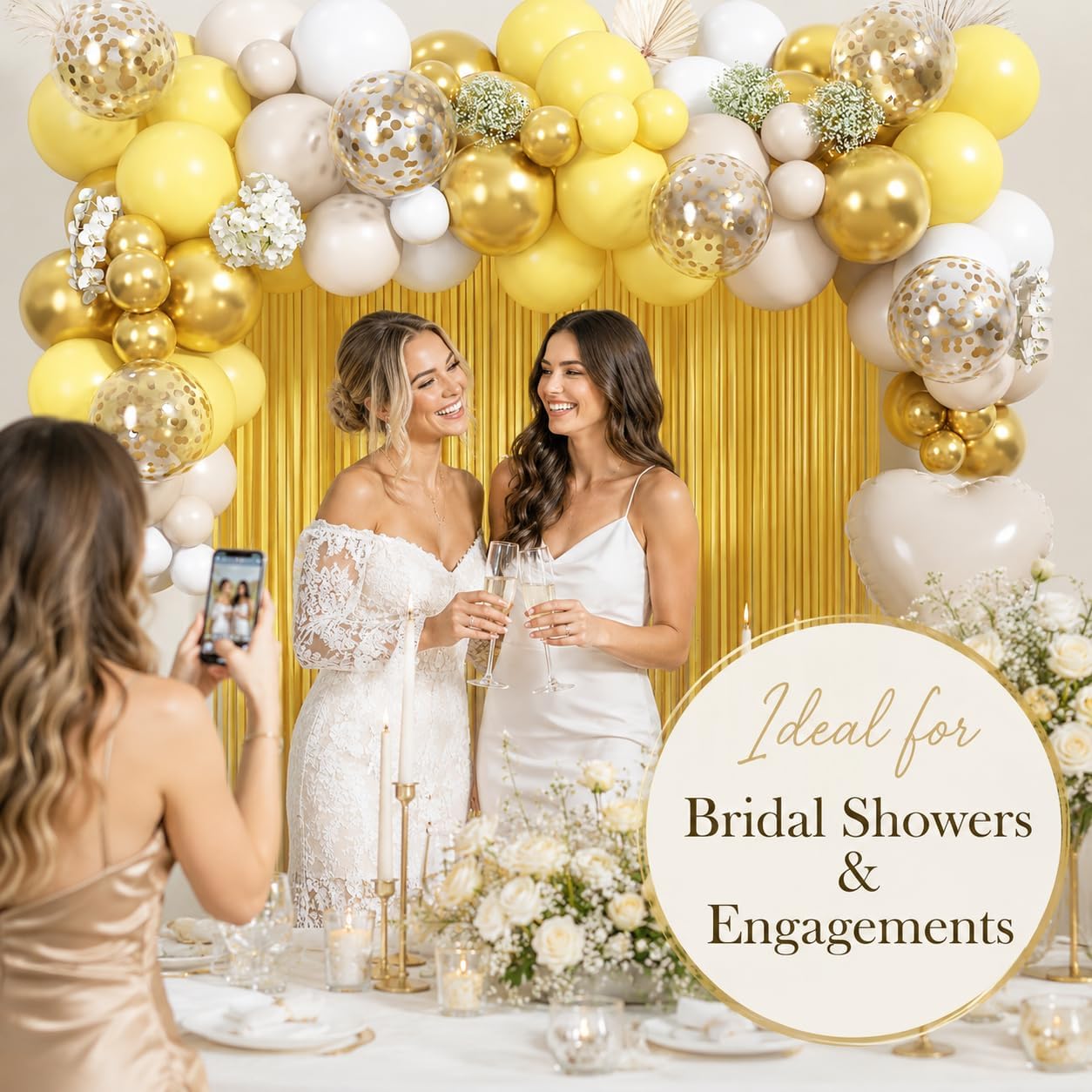 Yellow Balloon Arch Kit, 118 PCS Pastel Yellow White Gold Balloon Garland Kit with Fringe Curtain, Confetti Balloons and Heart Foil Balloons for Baby Shower Birthday Wedding Party Decorations