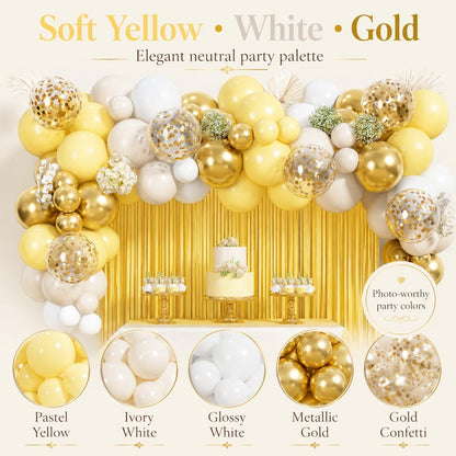 Yellow Balloon Arch Kit, 118 PCS Pastel Yellow White Gold Balloon Garland Kit with Fringe Curtain, Confetti Balloons and Heart Foil Balloons for Baby Shower Birthday Wedding Party Decorations