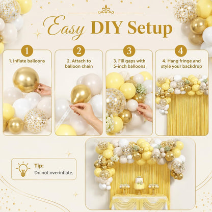 Yellow Balloon Arch Kit, 118 PCS Pastel Yellow White Gold Balloon Garland Kit with Fringe Curtain, Confetti Balloons and Heart Foil Balloons for Baby Shower Birthday Wedding Party Decorations