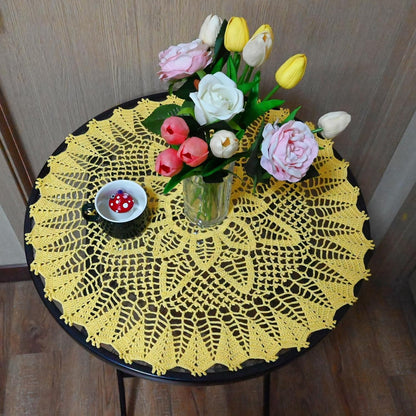 23 inches Handmade Crochet Bohemian Lotus Flower Lace Doilies Round Tablecloth Bedroom Dresser Table Placemat Yellow