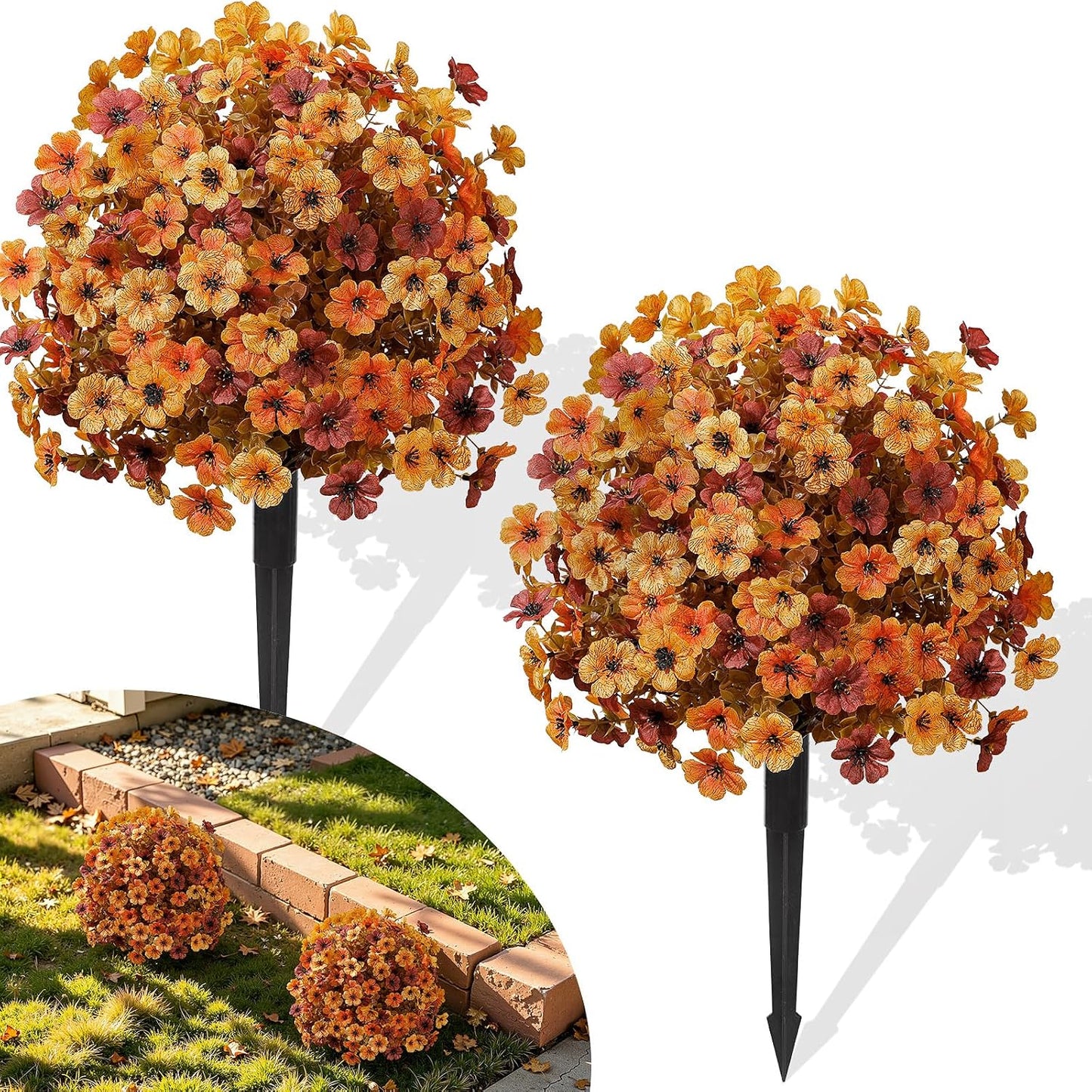 2Pcs 20" UV Resistant Artificial Fall Ball Flowers for Outdoors | Faux Topiary Bushes with Ground Spikes, Mixed Orange, Brown & Yellow Fall Tones,Indoor & Outdoor Placement,Fake Plants Porch