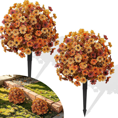 2Pcs 20" UV Resistant Artificial Fall Ball Flowers for Outdoors | Faux Topiary Bushes with Ground Spikes, Mixed Orange, Brown & Yellow Fall Tones,Indoor & Outdoor Placement,Fake Plants Porch