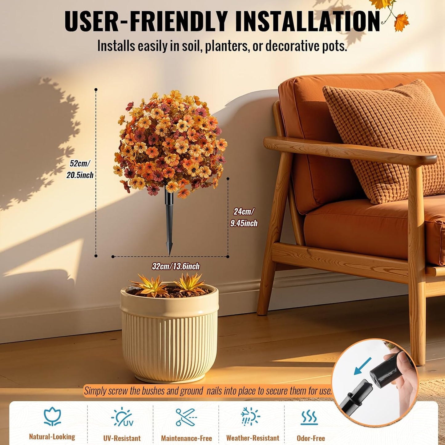 2Pcs 20" UV Resistant Artificial Fall Ball Flowers for Outdoors | Faux Topiary Bushes with Ground Spikes, Mixed Orange, Brown & Yellow Fall Tones,Indoor & Outdoor Placement,Fake Plants Porch
