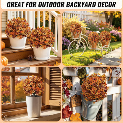2Pcs 20" UV Resistant Artificial Fall Ball Flowers for Outdoors | Faux Topiary Bushes with Ground Spikes, Mixed Orange, Brown & Yellow Fall Tones,Indoor & Outdoor Placement,Fake Plants Porch
