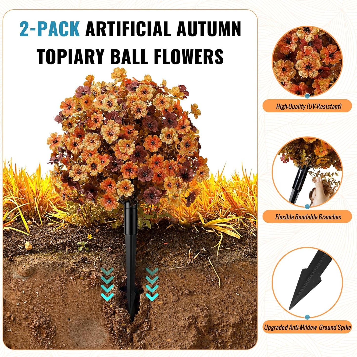 2Pcs 20" UV Resistant Artificial Fall Ball Flowers for Outdoors | Faux Topiary Bushes with Ground Spikes, Mixed Orange, Brown & Yellow Fall Tones,Indoor & Outdoor Placement,Fake Plants Porch