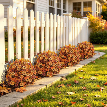 2Pcs 20" UV Resistant Artificial Fall Ball Flowers for Outdoors | Faux Topiary Bushes with Ground Spikes, Mixed Orange, Brown & Yellow Fall Tones,Indoor & Outdoor Placement,Fake Plants Porch