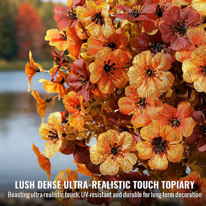 2Pcs 20" UV Resistant Artificial Fall Ball Flowers for Outdoors | Faux Topiary Bushes with Ground Spikes, Mixed Orange, Brown & Yellow Fall Tones,Indoor & Outdoor Placement,Fake Plants Porch