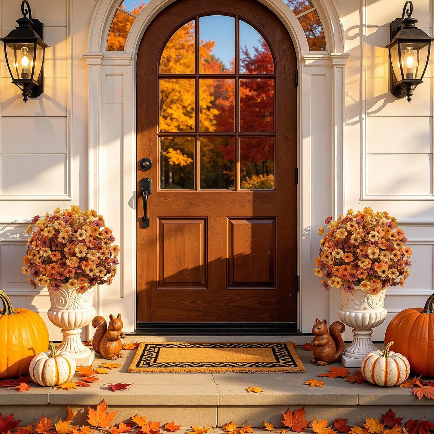 2Pcs 20" UV Resistant Artificial Fall Ball Flowers for Outdoors | Faux Topiary Bushes with Ground Spikes, Mixed Orange, Brown & Yellow Fall Tones,Indoor & Outdoor Placement,Fake Plants Porch