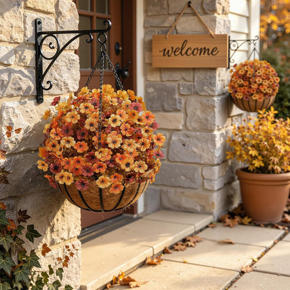 2Pcs 20" UV Resistant Artificial Fall Ball Flowers for Outdoors | Faux Topiary Bushes with Ground Spikes, Mixed Orange, Brown & Yellow Fall Tones,Indoor & Outdoor Placement,Fake Plants Porch
