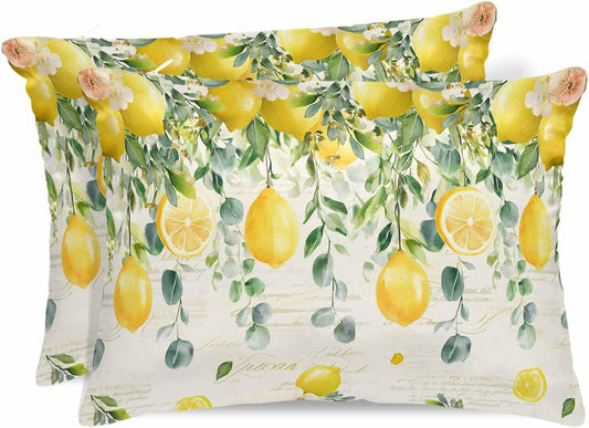 Satin Pillowcases King Size, Watercolor Lemon Silk Pillow Cases for Hair and Skin with Zipper 2 Pack, Eucalyptus Leaf Fruit Yellow Flower Smooth Throw Pillow Covers for Sleeping, 20"x36"