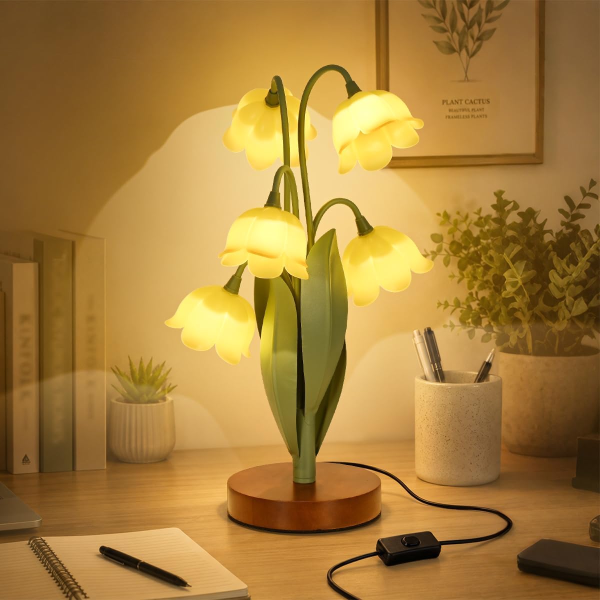 Flower Table Lamp for Bedroom, Cute Reading Light with 5 Yellow Tulip Flower of The Valley, Desk Lamp Bedside Lamps for Nightstands Home Decor, Soft Reading Night Light for Bedroom Living Room Office