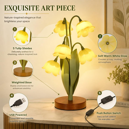 Flower Table Lamp for Bedroom, Cute Reading Light with 5 Yellow Tulip Flower of The Valley, Desk Lamp Bedside Lamps for Nightstands Home Decor, Soft Reading Night Light for Bedroom Living Room Office