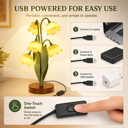 Flower Table Lamp for Bedroom, Cute Reading Light with 5 Yellow Tulip Flower of The Valley, Desk Lamp Bedside Lamps for Nightstands Home Decor, Soft Reading Night Light for Bedroom Living Room Office