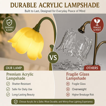 Flower Table Lamp for Bedroom, Cute Reading Light with 5 Yellow Tulip Flower of The Valley, Desk Lamp Bedside Lamps for Nightstands Home Decor, Soft Reading Night Light for Bedroom Living Room Office