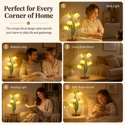 Flower Table Lamp for Bedroom, Cute Reading Light with 5 Yellow Tulip Flower of The Valley, Desk Lamp Bedside Lamps for Nightstands Home Decor, Soft Reading Night Light for Bedroom Living Room Office