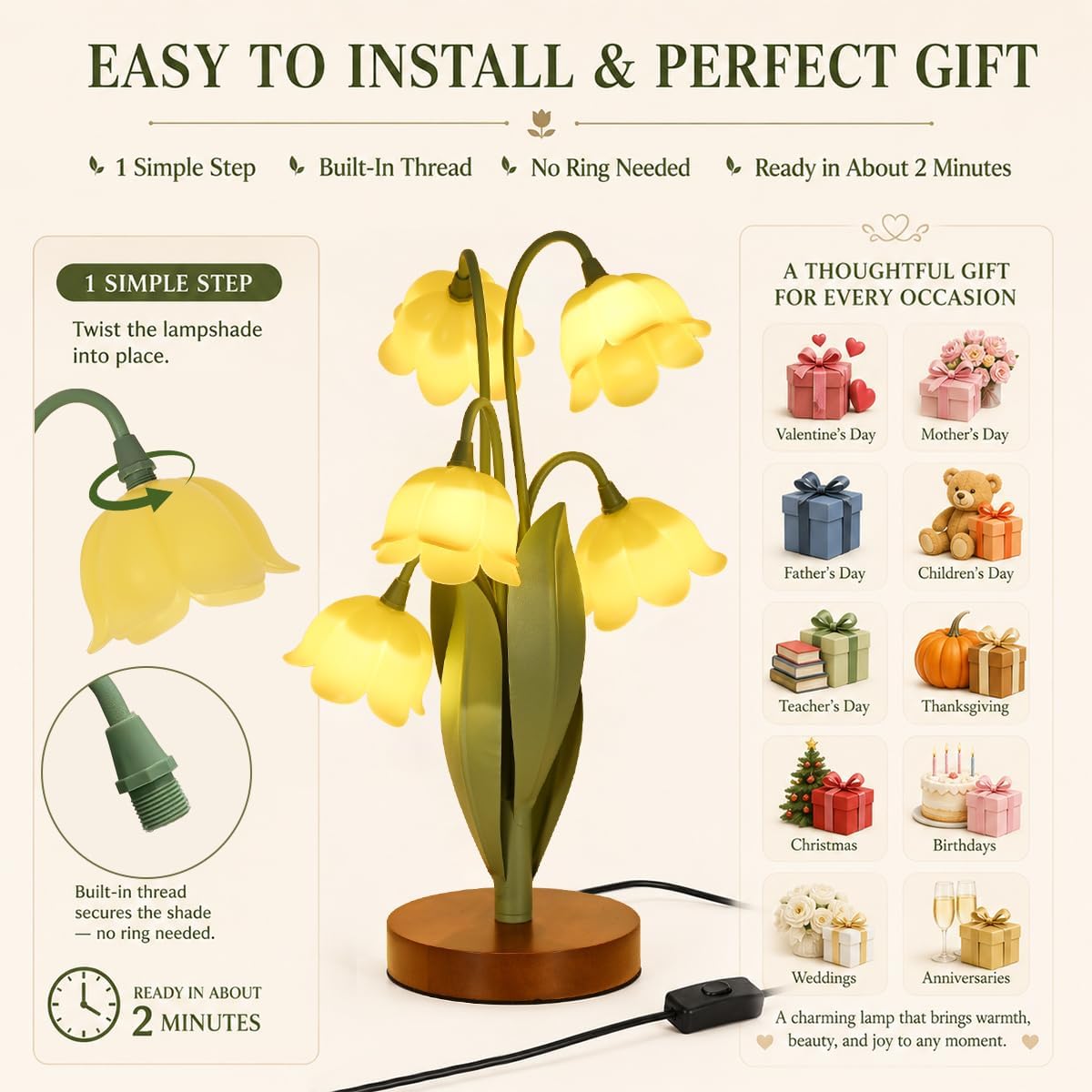 Flower Table Lamp for Bedroom, Cute Reading Light with 5 Yellow Tulip Flower of The Valley, Desk Lamp Bedside Lamps for Nightstands Home Decor, Soft Reading Night Light for Bedroom Living Room Office