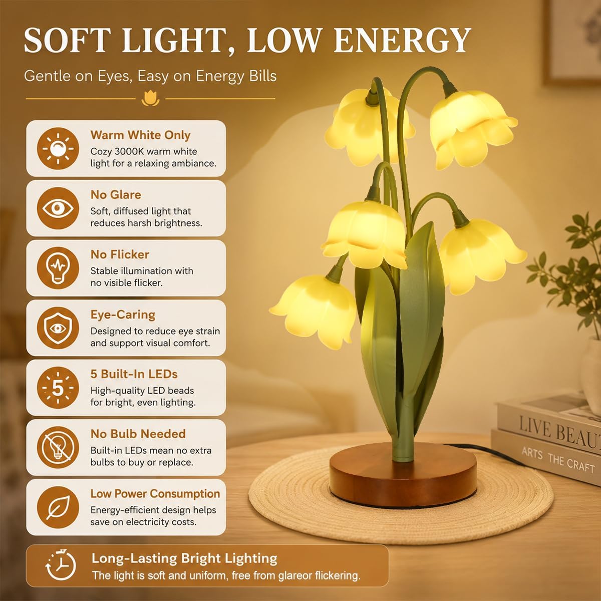 Flower Table Lamp for Bedroom, Cute Reading Light with 5 Yellow Tulip Flower of The Valley, Desk Lamp Bedside Lamps for Nightstands Home Decor, Soft Reading Night Light for Bedroom Living Room Office