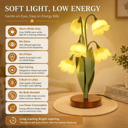 Flower Table Lamp for Bedroom, Cute Reading Light with 5 Yellow Tulip Flower of The Valley, Desk Lamp Bedside Lamps for Nightstands Home Decor, Soft Reading Night Light for Bedroom Living Room Office