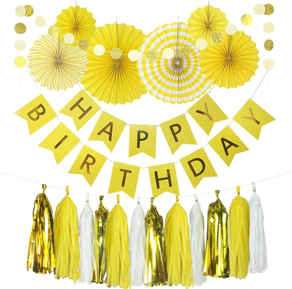 Yellow Birthday Party Decoration - 6 Hanging Fans & Birthday Banner & Decorative Circle Dot Garland & 12 Paper Tassels for Bday Party, Baby Shower, Wedding etc.