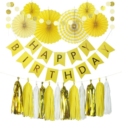Yellow Birthday Party Decoration - 6 Hanging Fans & Birthday Banner & Decorative Circle Dot Garland & 12 Paper Tassels for Bday Party, Baby Shower, Wedding etc.