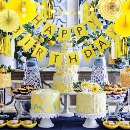 Yellow Birthday Party Decoration - 6 Hanging Fans & Birthday Banner & Decorative Circle Dot Garland & 12 Paper Tassels for Bday Party, Baby Shower, Wedding etc.