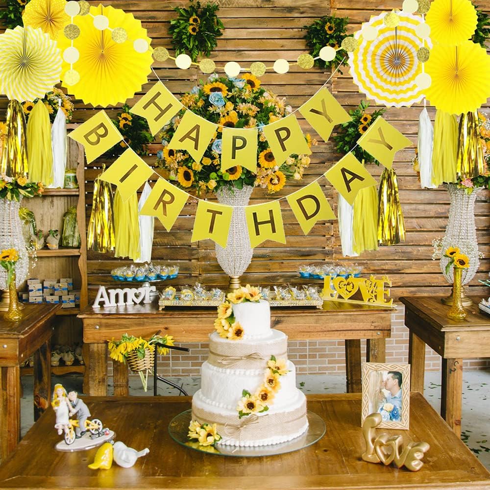 Yellow Birthday Party Decoration - 6 Hanging Fans & Birthday Banner & Decorative Circle Dot Garland & 12 Paper Tassels for Bday Party, Baby Shower, Wedding etc.