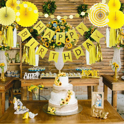 Yellow Birthday Party Decoration - 6 Hanging Fans & Birthday Banner & Decorative Circle Dot Garland & 12 Paper Tassels for Bday Party, Baby Shower, Wedding etc.