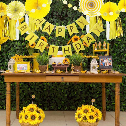 Yellow Birthday Party Decoration - 6 Hanging Fans & Birthday Banner & Decorative Circle Dot Garland & 12 Paper Tassels for Bday Party, Baby Shower, Wedding etc.