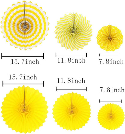 Yellow Birthday Party Decoration - 6 Hanging Fans & Birthday Banner & Decorative Circle Dot Garland & 12 Paper Tassels for Bday Party, Baby Shower, Wedding etc.