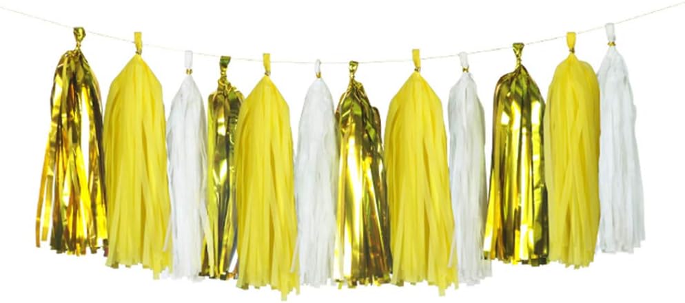 Yellow Birthday Party Decoration - 6 Hanging Fans & Birthday Banner & Decorative Circle Dot Garland & 12 Paper Tassels for Bday Party, Baby Shower, Wedding etc.