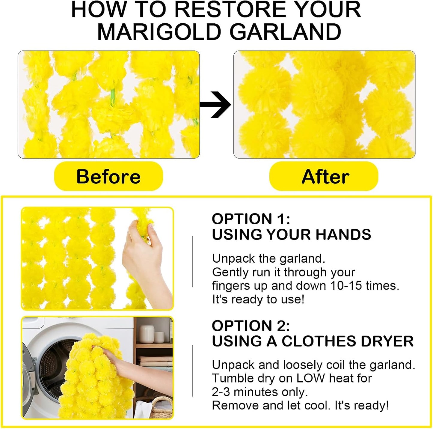 15 Pack Marigold Garland for Decoration 5 ft Long Strands Faux Artificial Marigold Flowers for Dia De Los Muertos Diwali Indian Wedding Party Decorations(Yellow)