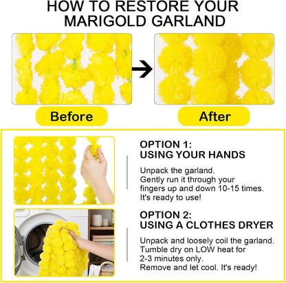 15 Pack Marigold Garland for Decoration 5 ft Long Strands Faux Artificial Marigold Flowers for Dia De Los Muertos Diwali Indian Wedding Party Decorations(Yellow)
